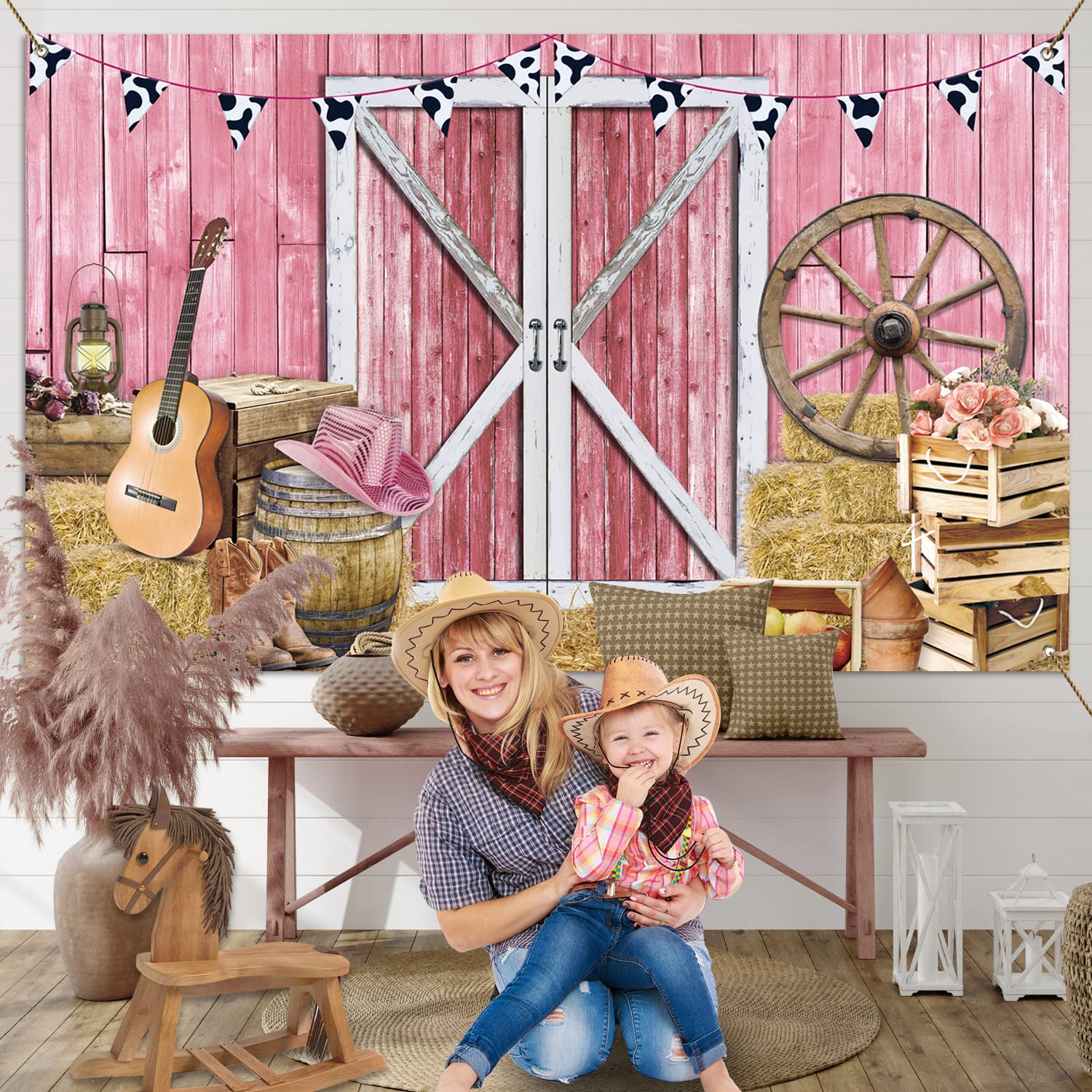 Western Cowgirl Banner Cowgirl Party Decoration Backdrop Pink Western Rustic Wooden House Barn Photography Background for Kids Girl Baby Birthday Baby Shower Photo Booth Western Party Supplies