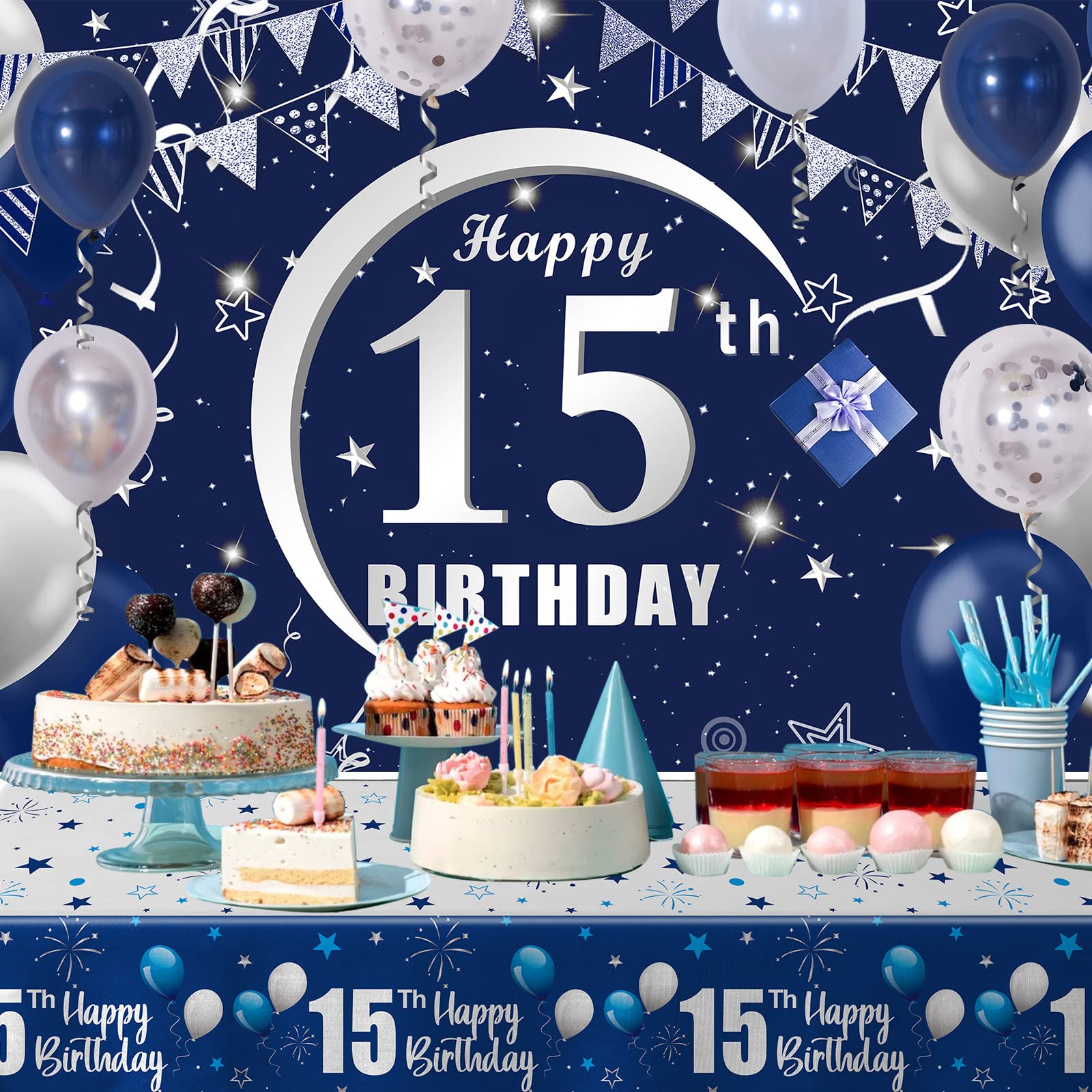 15th Birthday Decorations for Boys Girls - Navy Blue Birthday Decorations For Boys Girls Including HAPPY 15th BIRTHDAY Decorations Backdrop Tablecloth Balloon Garland Kit -15th Bday Decorations