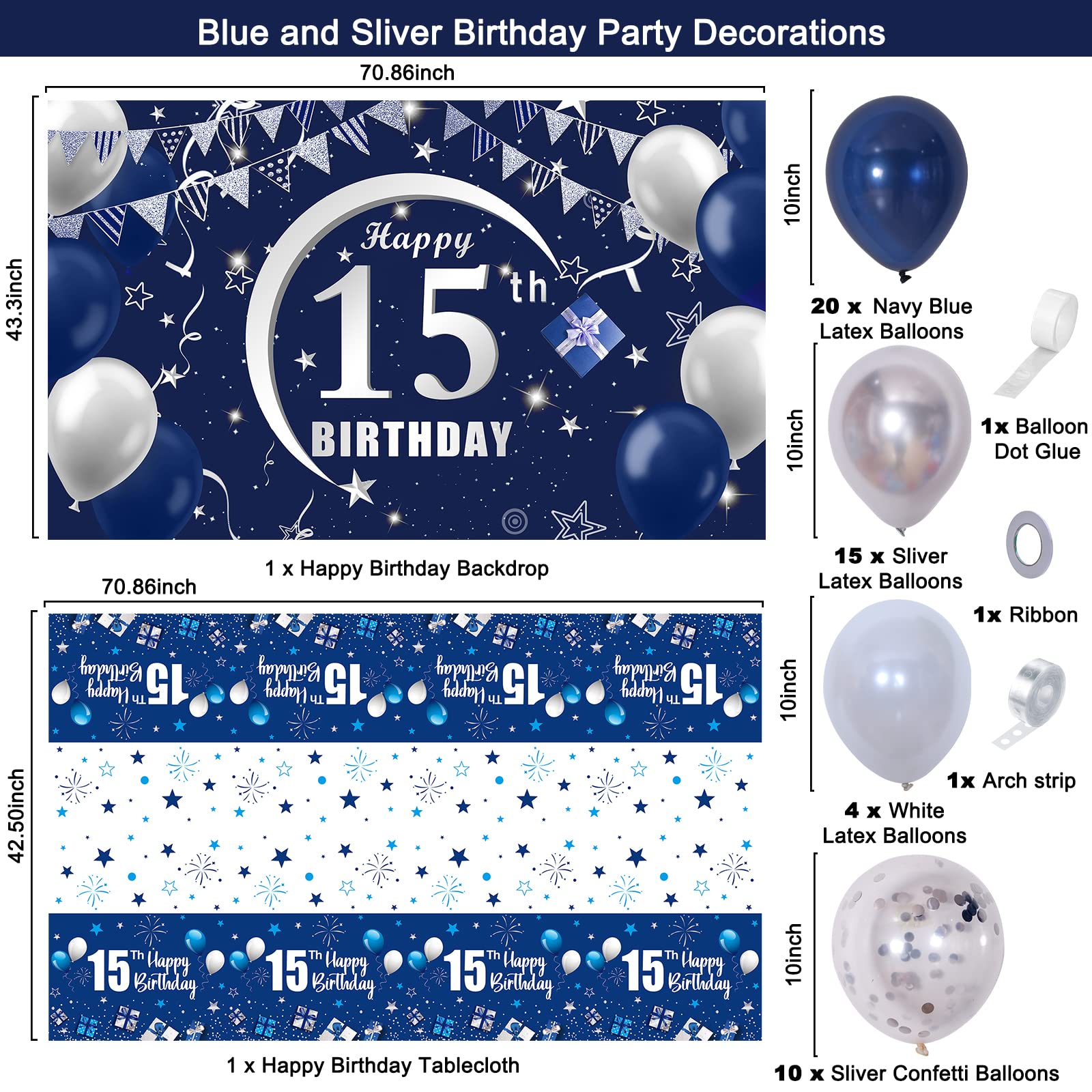 15th Birthday Decorations for Boys Girls - Navy Blue Birthday Decorations For Boys Girls Including HAPPY 15th BIRTHDAY Decorations Backdrop Tablecloth Balloon Garland Kit -15th Bday Decorations