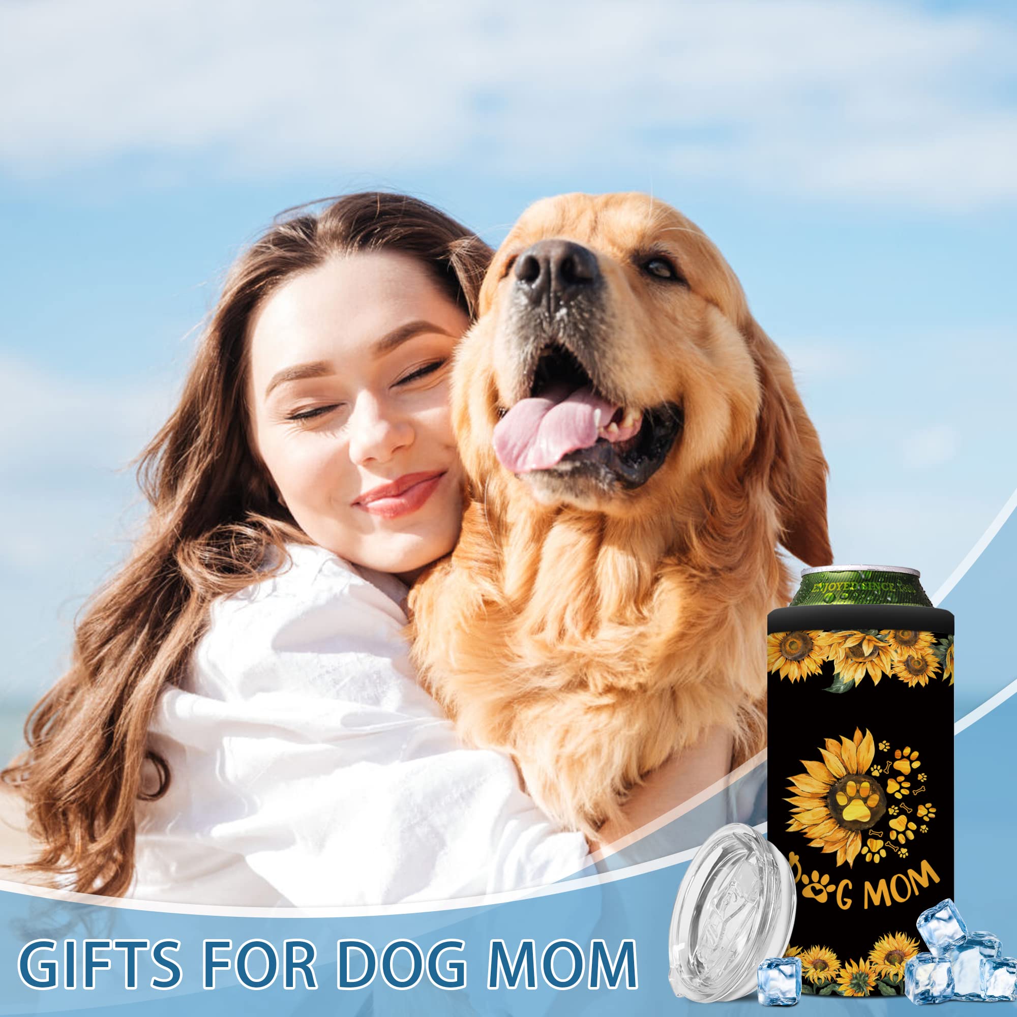 4 in 1 Skinny Can Cooler for Slim Bottle & Hard Seltzer, Dog Mom Gifts for Women, Black Insulated Stainless Steel Tumbler with Lid, Non-slip, Doucle-Walled Vacuum, Leak Proof Cool Drink Holder