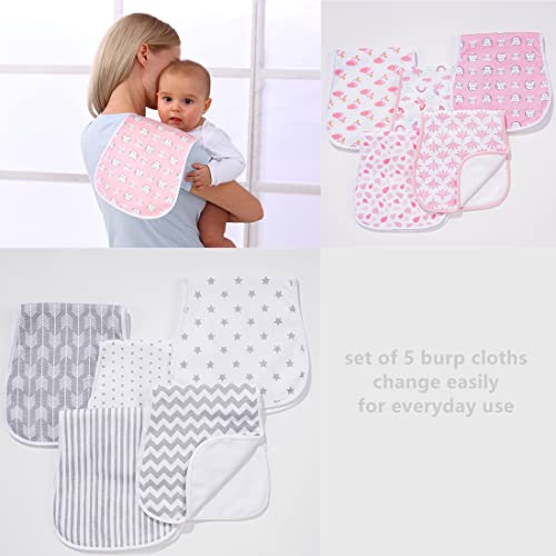 sleepyturtle Ultra-Soft Cotton Burping Clothes - Large, Absorbent, Waterproof Baby Burp Cloths in Cute Unisex Designs 5 Pack (pink01)