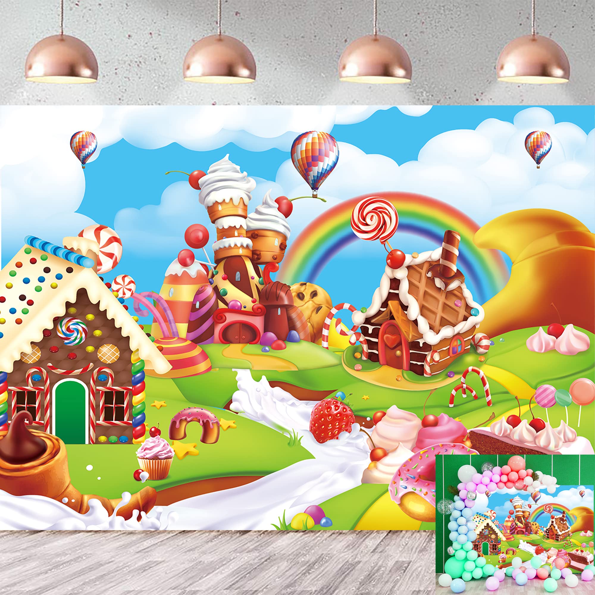 Candyland Backdrop 7x5FT Cartoon Rainbow Lollipop Icecream Sweet Donut Candy Photography Background for 1st First Birthday Party Decoration Baby Shower Photo Props (84x60 inch)