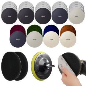 toovem 49pcs 5 inch wet dry sanding discs kit with hook and loop backing pad, angle grinder attachments with 5/8-11 drill, sanding pad for wood metal car polishing sanding 600 to 10000 grits sandpaper