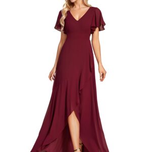 Ever-Pretty Women's Double V Neck A Line Ruffle Hem Backless High Low Chiffon Wedding Guest Dresses Burgundy US14