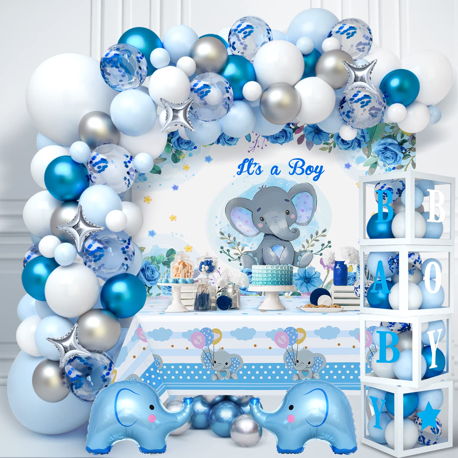 Golray 155pcs Elephant Baby Shower Decorations for Boy Baby Boxes with Letters Blue Balloon Garland Kit It's a Boy Backdrop Tablecloth Star Elephant Kid Birthday Party Supplies Baby Boy Shower Decor