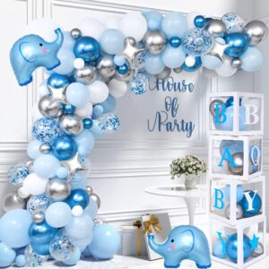 Golray 155pcs Elephant Baby Shower Decorations for Boy Baby Boxes with Letters Blue Balloon Garland Kit It's a Boy Backdrop Tablecloth Star Elephant Kid Birthday Party Supplies Baby Boy Shower Decor