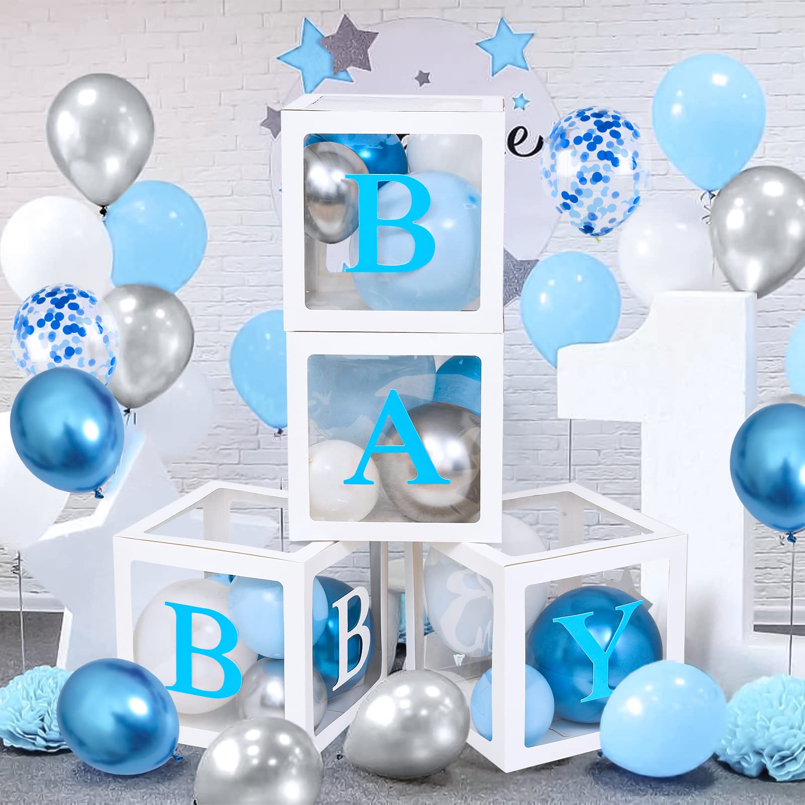 Golray 155pcs Elephant Baby Shower Decorations for Boy Baby Boxes with Letters Blue Balloon Garland Kit It's a Boy Backdrop Tablecloth Star Elephant Kid Birthday Party Supplies Baby Boy Shower Decor