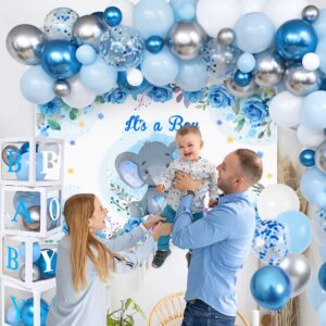 Golray 155pcs Elephant Baby Shower Decorations for Boy Baby Boxes with Letters Blue Balloon Garland Kit It's a Boy Backdrop Tablecloth Star Elephant Kid Birthday Party Supplies Baby Boy Shower Decor