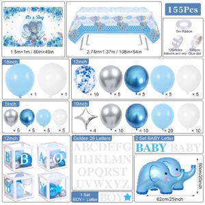 Golray 155pcs Elephant Baby Shower Decorations for Boy Baby Boxes with Letters Blue Balloon Garland Kit It's a Boy Backdrop Tablecloth Star Elephant Kid Birthday Party Supplies Baby Boy Shower Decor