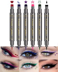 jutqut 6pcs double-head liquid stamp eyeliner, colored 6 in 1 stars flowers hearts moon smiley face triangle stamps makeup stamp set, waterproof slim gel felt tip liquid eyeliner colorful set wingliner shapes