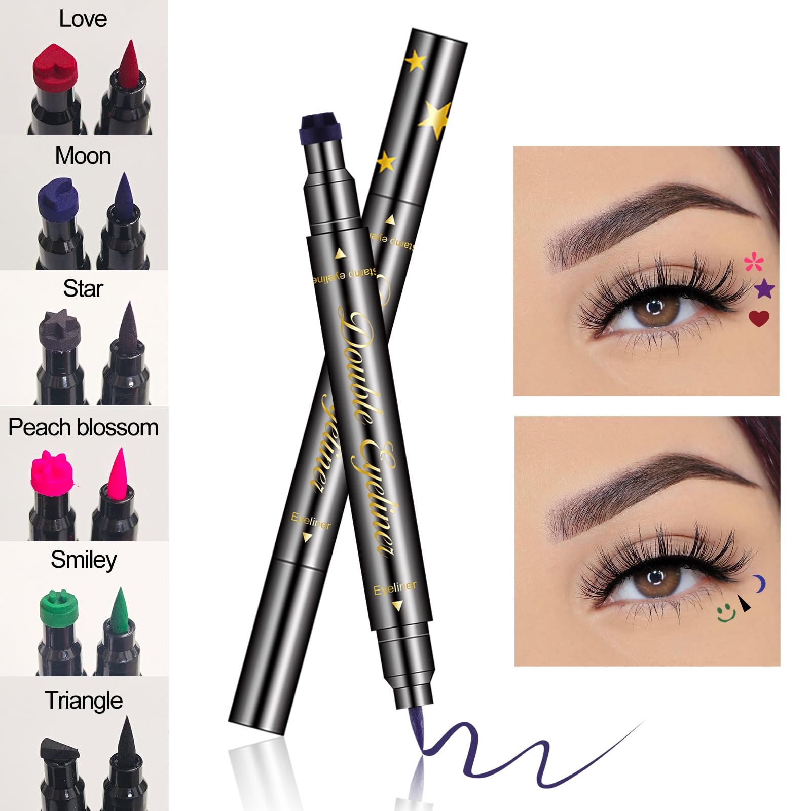 Jutqut 6Pcs Double-head Liquid Stamp Eyeliner, Colored 6 in 1 Stars Flowers Hearts Moon Smiley Face Triangle Stamps Makeup Stamp Set, Waterproof Slim Gel Felt Tip Liquid Eyeliner Colorful Set Wingliner Shapes