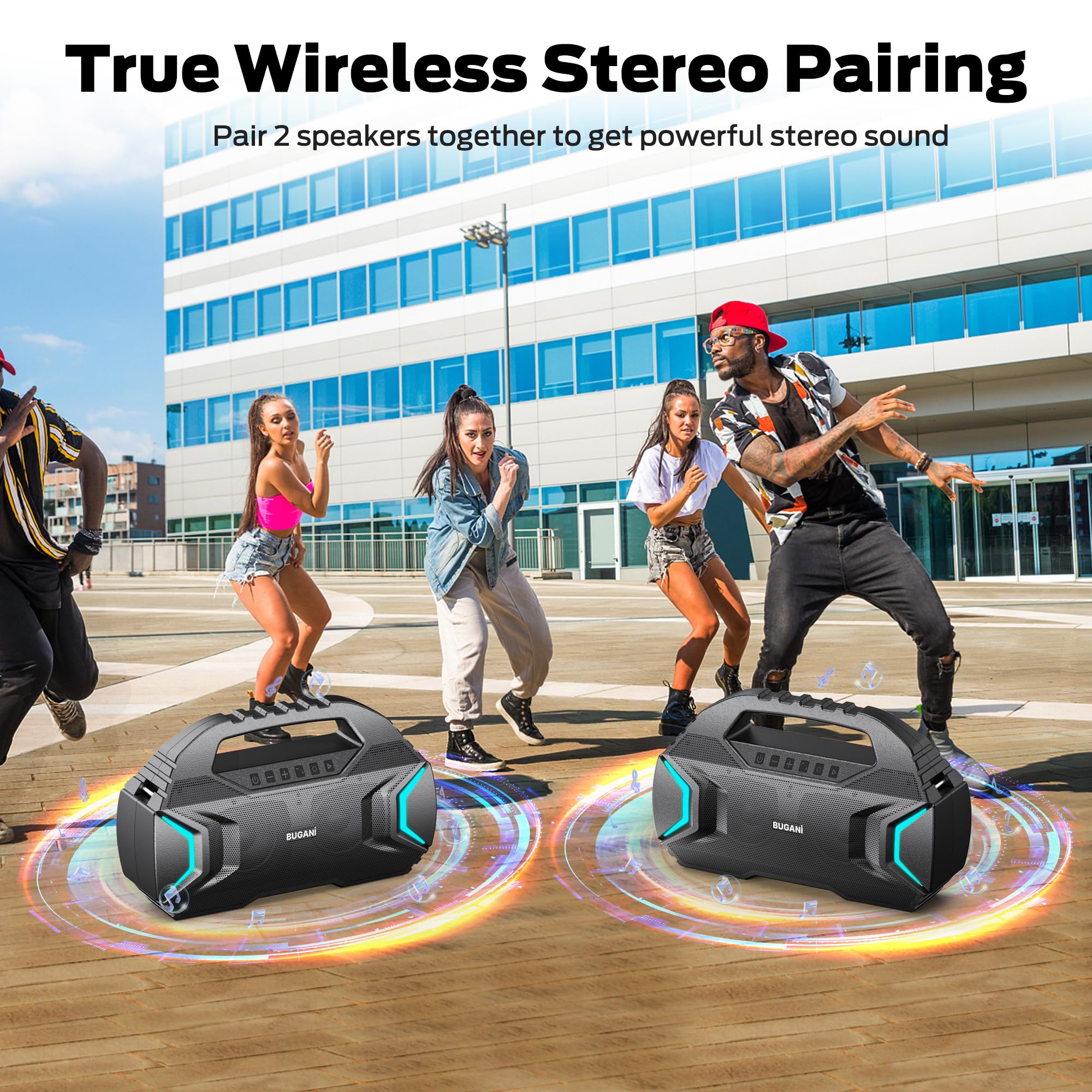 BUGANI Bluetooth Speakers, Party Plus Wireless Portable Speaker with 60W Big Power Dual Pairing True Wireless Stereo Sound, 30H Playtime, Support TF/AUX/USB, Suitable for Party, Outdoor Speaker