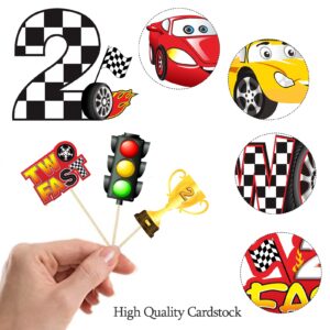 Aodocuto 36pcs Race Car Two Fast Birthday Cake Topper Decorations for Baby Boys, Racing Car Theme 2nd Birthday Cupcake Toppers Party Supplies, 2 Year Old Let’s Go Racing Cupcake Picks Decor