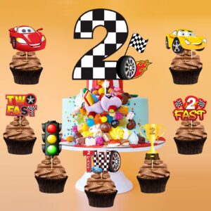 Aodocuto 36pcs Race Car Two Fast Birthday Cake Topper Decorations for Baby Boys, Racing Car Theme 2nd Birthday Cupcake Toppers Party Supplies, 2 Year Old Let’s Go Racing Cupcake Picks Decor