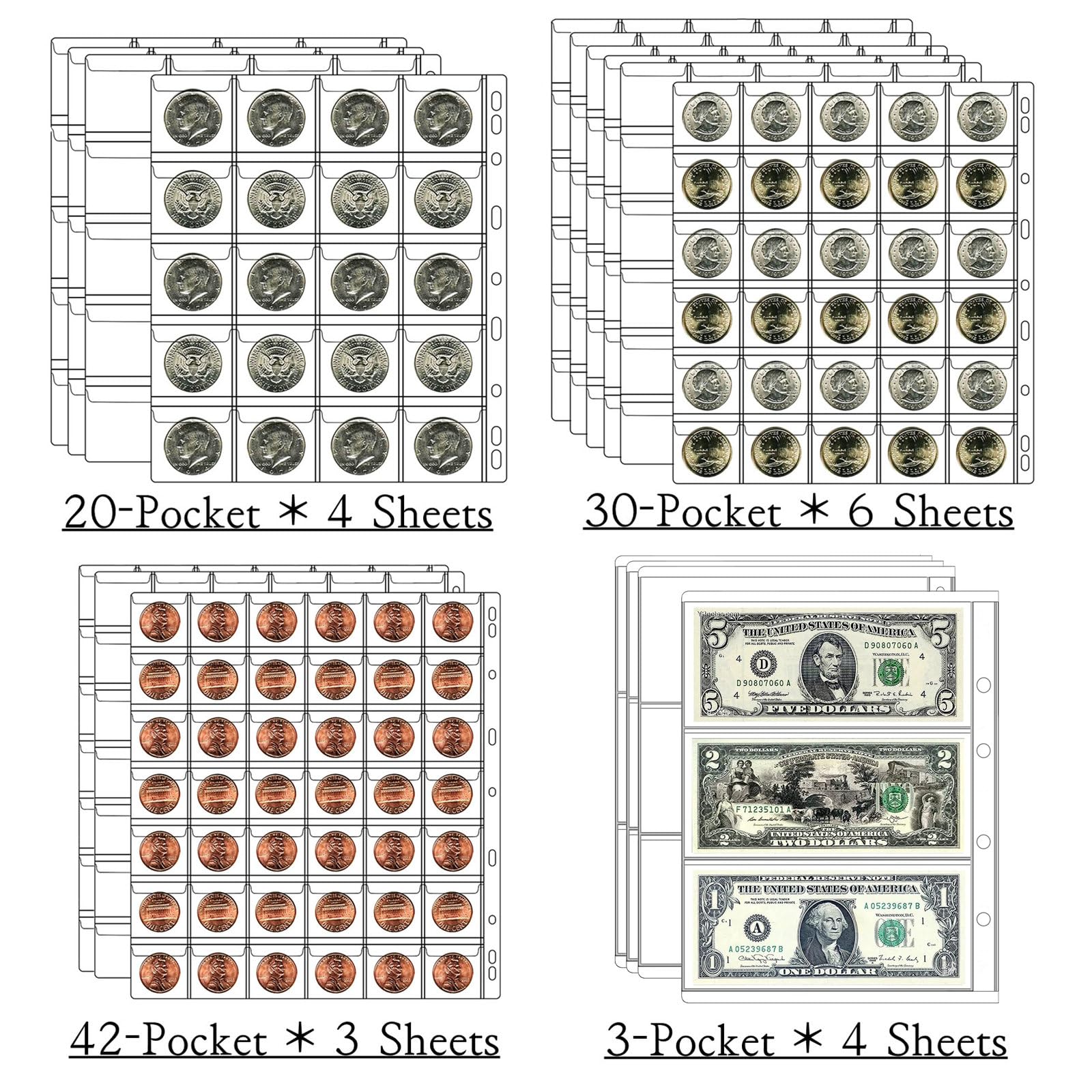 Ettonsun 398-Pocket 4-in-1 Leather Coin & Paper Money Collecting Holder Album,Large Coin Collection Book with 386 Coin Pockets & 12 Currency Pockets,Coin Collection Supplies Book Holder for Collectors