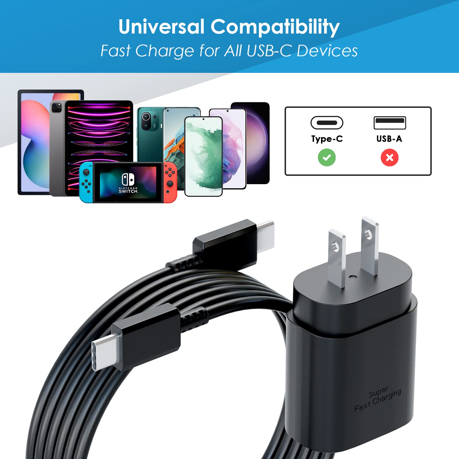 Super Fast Charger Type C, 25W PD USB C Wall Charger Fast Charging with 10FT Long Type C Charger Cable for Samsung Galaxy S24 Ultra/S24/S24+/S23 Ultra/S23/S22 Ultra/S22/S21 Ultra/S20 Ultra/Note 20