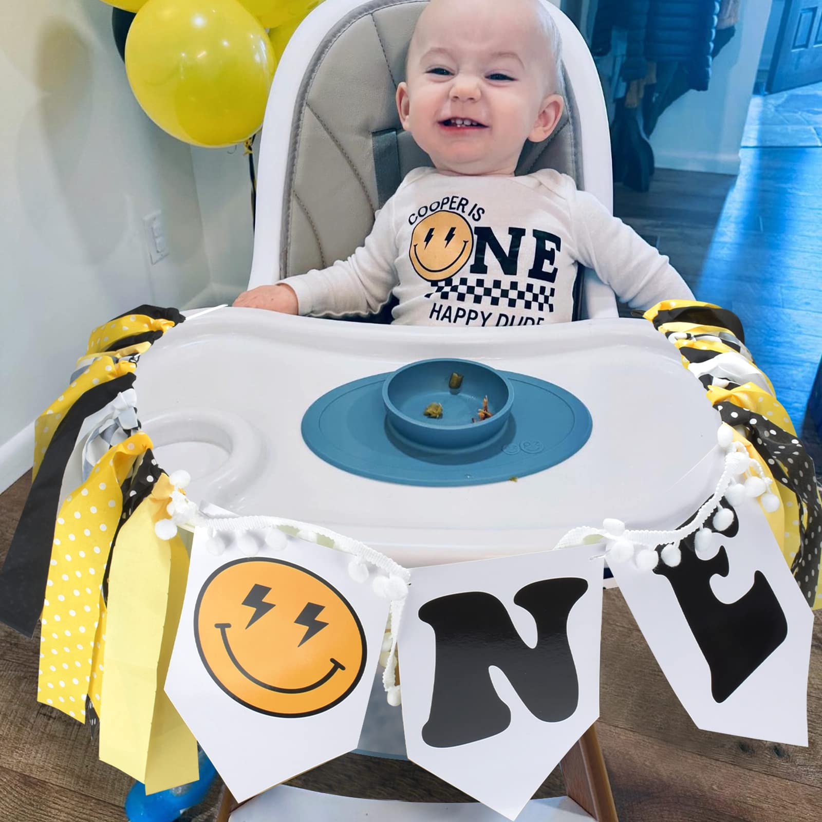 One Happy Dude High Chair Banner Boy First Highchair Banner for 1st Birthday Decorations, One Happy Dude Birthday Party Decorations Hippie Groovy High Chair Garland