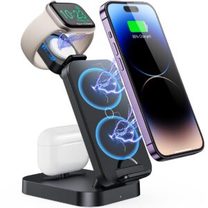 conido wireless charging station, 18w fast 3 in 1 wireless charging station for multiple devices apple, wireless charger stand for iphone apple watch airpods, iphone charging station dock black