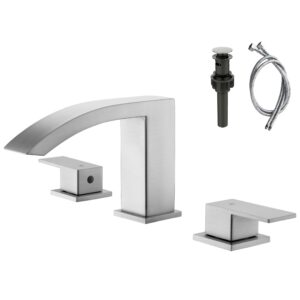felixbath waterfall bathroom sink faucet, 3 holes two handles bathroom faucet with pop up drain and 2 water supply lines, 8 inch widespread bathroom sink faucet brushed nickel
