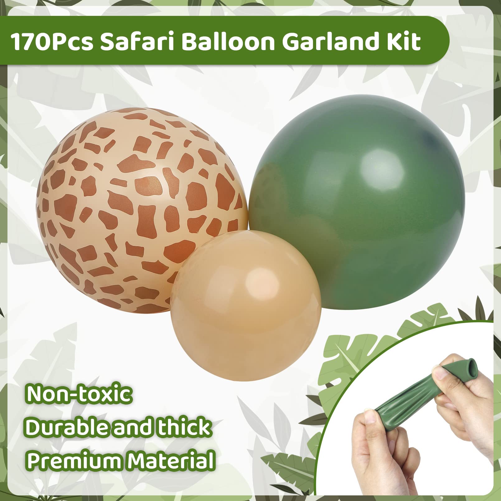 170Pcs Jungle Safari Balloons Garland Kit, Safari Baby Shower Decorations Sage Green Brown & Animal Print Balloons Palm Leaves for Woodland Themed Giraffe Wedding Two Wild One Birthday Party Supplies