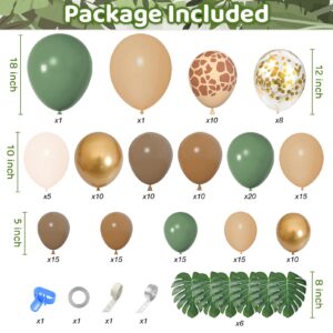 170Pcs Jungle Safari Balloons Garland Kit, Safari Baby Shower Decorations Sage Green Brown & Animal Print Balloons Palm Leaves for Woodland Themed Giraffe Wedding Two Wild One Birthday Party Supplies