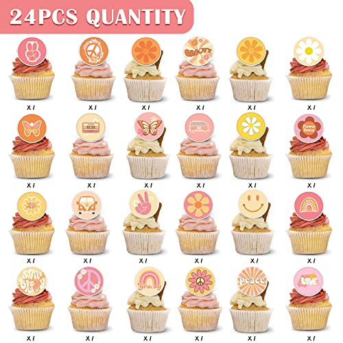 24pcs Two Groovy Retro Hippie Boho Cake Toppers Cupcake Ring Decor for Kids Retro Hippie Boho Theme Birthday Party Supplies Baking Decorations Party Favors