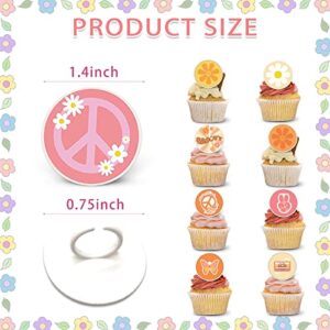 24pcs Two Groovy Retro Hippie Boho Cake Toppers Cupcake Ring Decor for Kids Retro Hippie Boho Theme Birthday Party Supplies Baking Decorations Party Favors