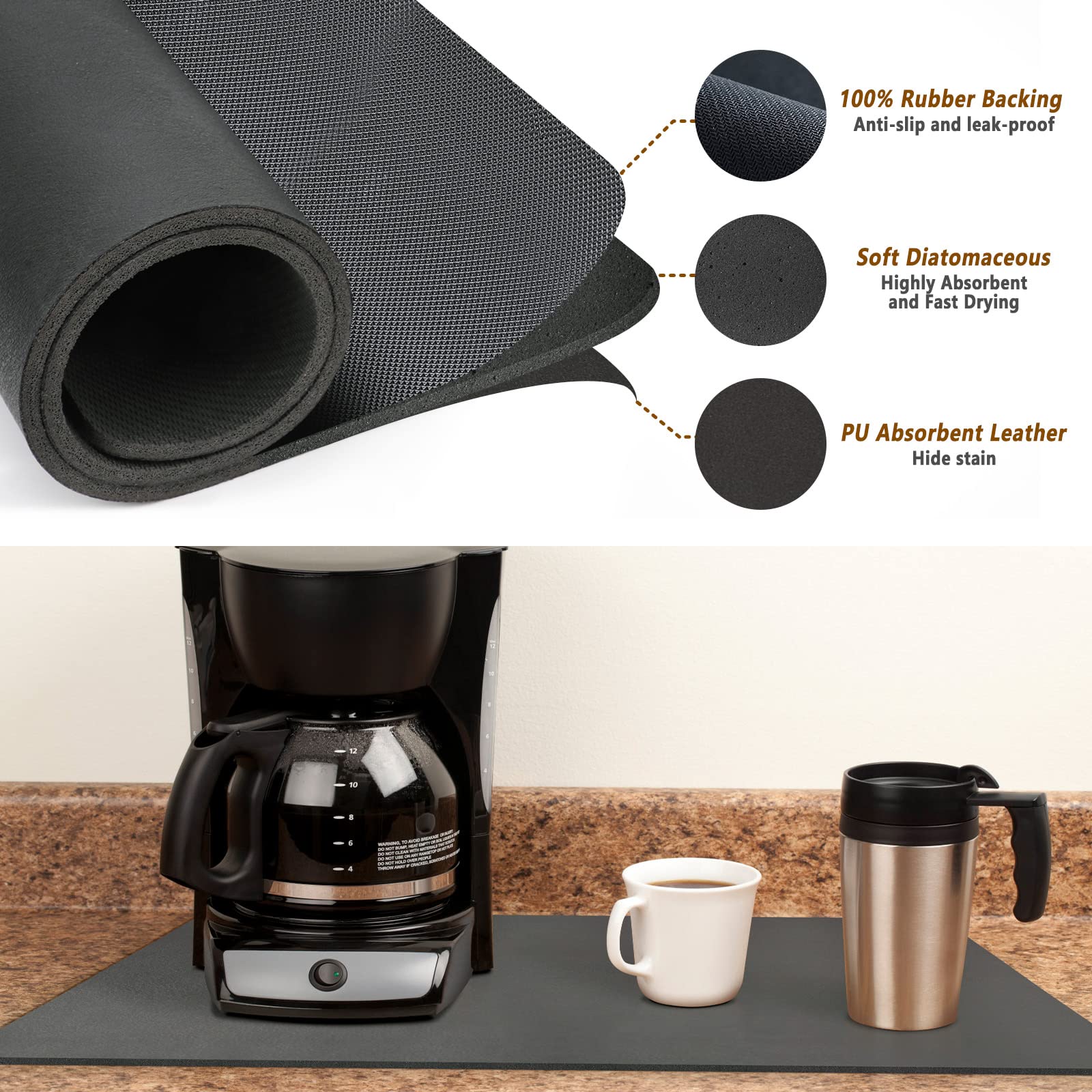 12" X 19" Coffee Mat for Countertops : Super Absorbent Versatile Coffee Bar Accessories for Coffee Makers, Espresso Machines, and Dish Drying, Dark Grey