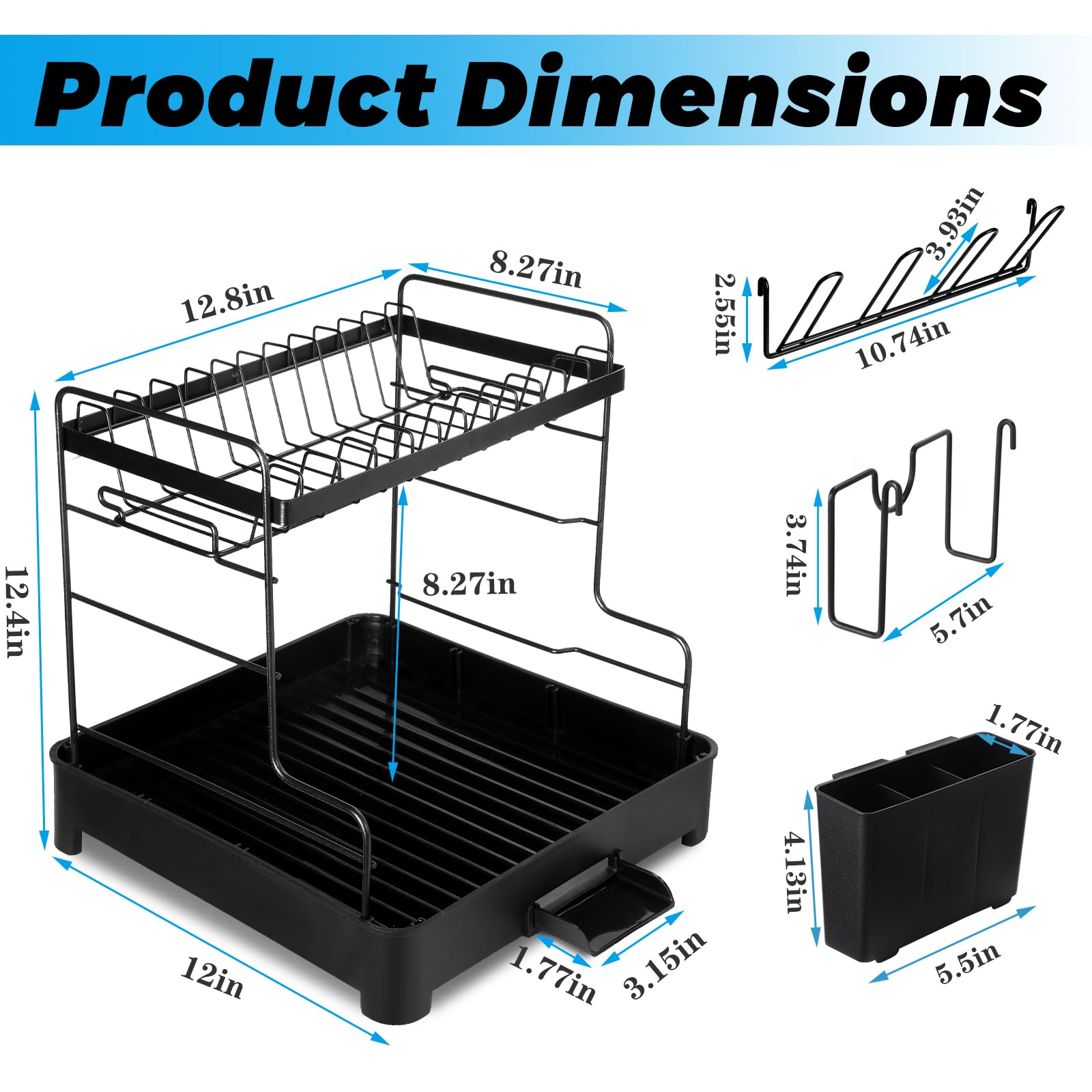 Biupky Dish Drying Rack, Dish Drainers Drying Rack Dish Racks for Kitchen Counter, 2-Tier Large Kitchen Dish Drying Rack with Cup Rack, Sticky Steel Board Rack, Cutlery Rack