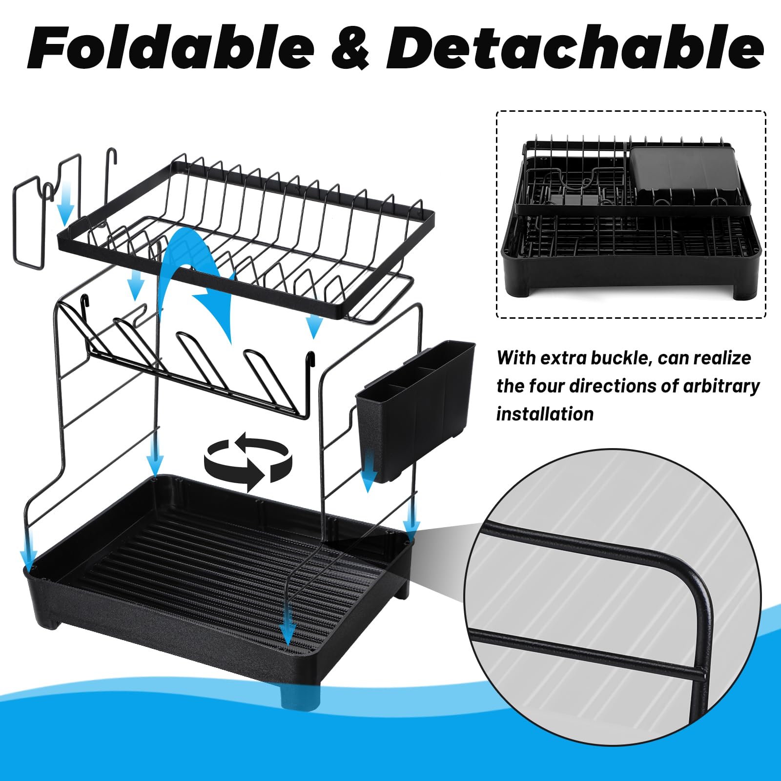 Biupky Dish Drying Rack, Dish Drainers Drying Rack Dish Racks for Kitchen Counter, 2-Tier Large Kitchen Dish Drying Rack with Cup Rack, Sticky Steel Board Rack, Cutlery Rack