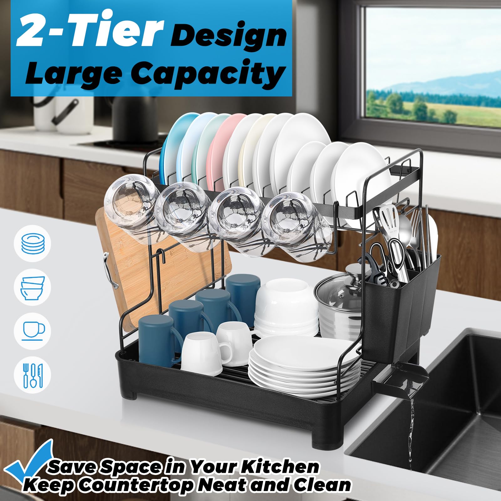 Biupky Dish Drying Rack, Dish Drainers Drying Rack Dish Racks for Kitchen Counter, 2-Tier Large Kitchen Dish Drying Rack with Cup Rack, Sticky Steel Board Rack, Cutlery Rack