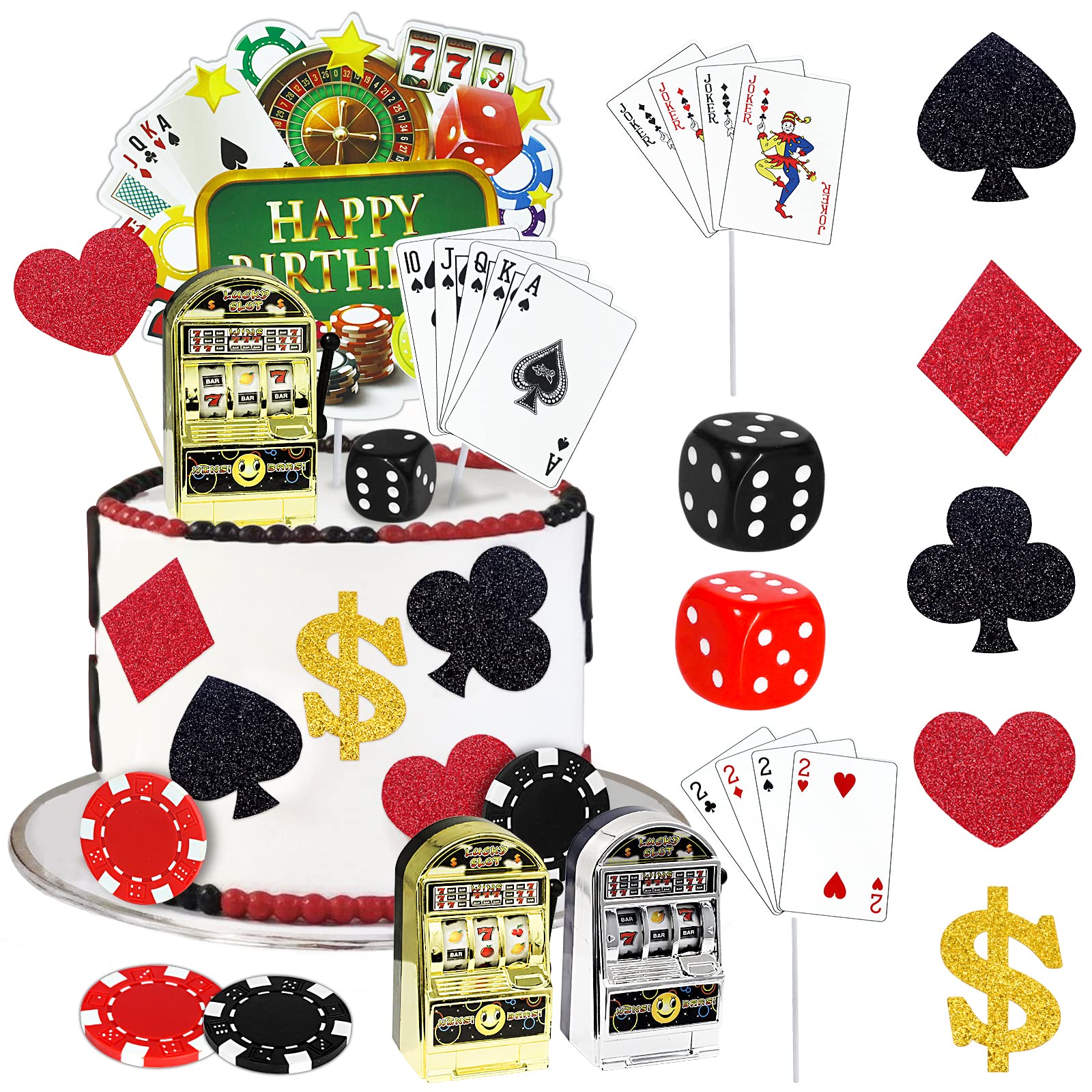 Morofme 21 PCS Casino Cake Decorations with Slot Machine Toy Cake Toppers Poker CupCake Topper Casino Happy Birthday Cake Topper Poker Chips Dices Dollar Sign Las Vegas Themed Birthday Party Supplies