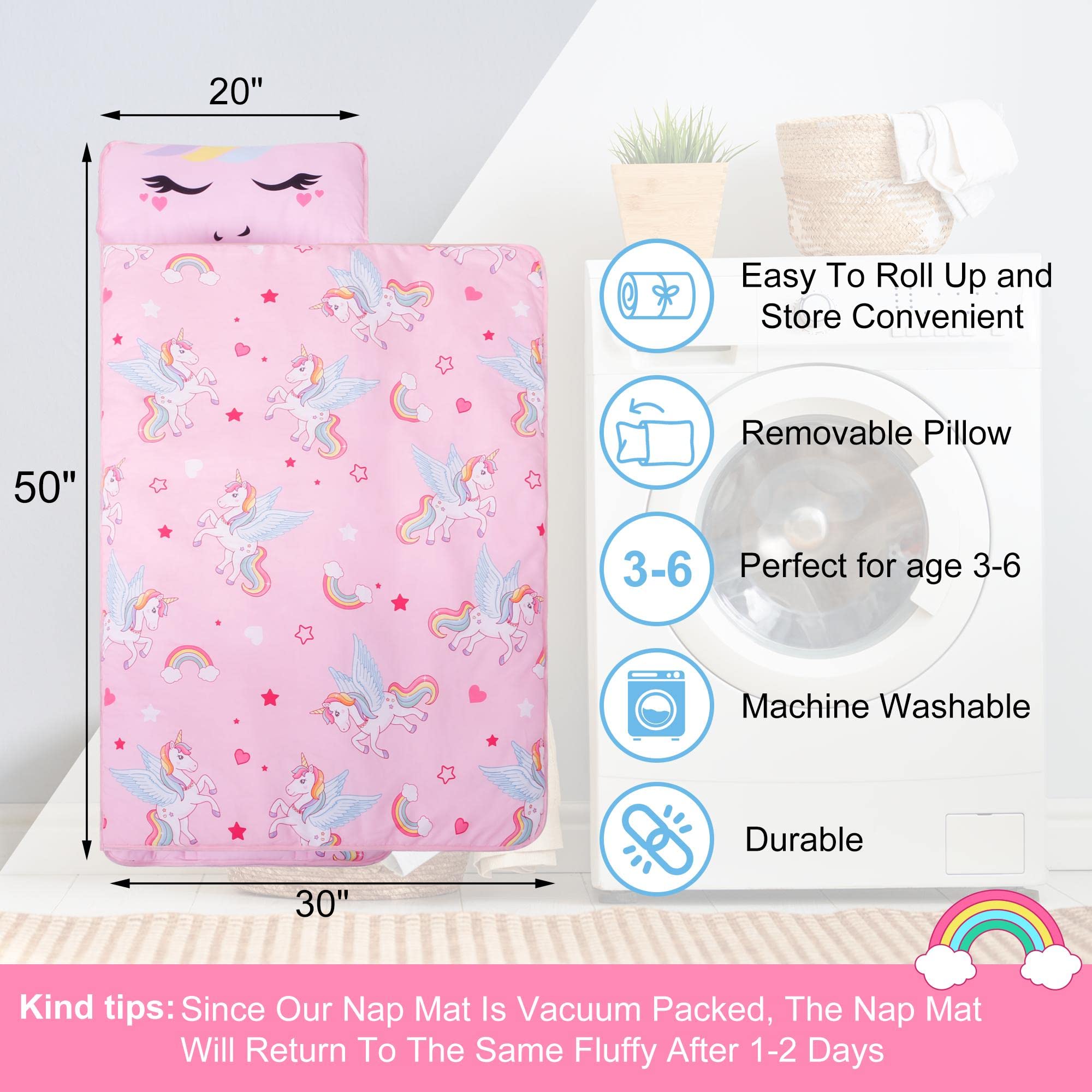 Unicorn Nap Mats for Preschool Daycare Toddler Nap Mat for Girls Daughter Kids Nap Mat with Pillow and Blanket - Christmas Birthday Gifts for Kids Granddaughter Kindergarten Travel Napping,50"x20"