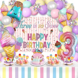 ice cream birthday party decorations, three is so sweet ice cream balloon garland with birthday backdrop cupcake toppers tablecloth for 3rd birthday decorations for girls ice cream party decorations