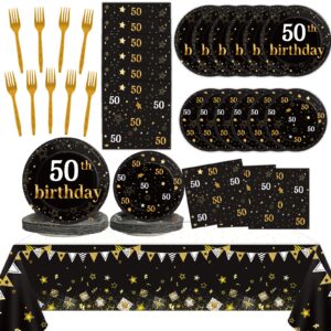 24 guests 50th birthday party supplies plates napkins tablecloths for men 50 years old birthday decorations black gold cheers to 50 disposable tableware set man women birthday party decor favors