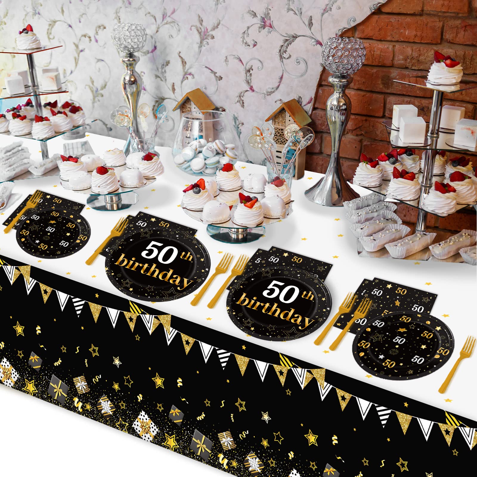 24 Guests 50th Birthday Party Supplies Plates Napkins Tablecloths for Men 50 Years Old Birthday Decorations Black Gold Cheers to 50 Disposable Tableware Set Man Women Birthday Party Decor Favors