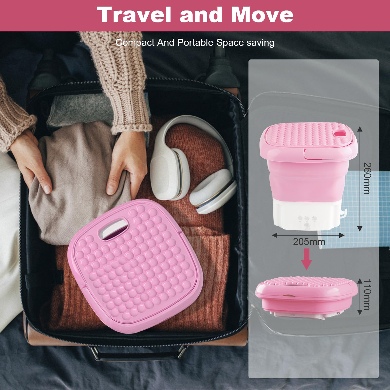 Portable Washing Machine, Mini Foldable Washer and Spin Dryer Small Foldable Bucket Washer, 3 Modes Deep Cleaning Half Automatic Wash and Dump Washer(Pink)