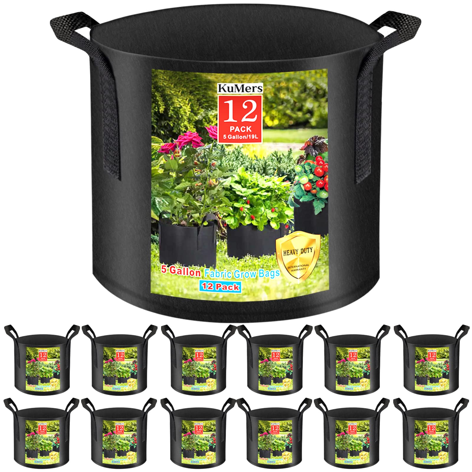 KuMers 12 Pack Grow Bags 5 Gallon, 300G Heavy Duty Thickened Non-Woven Plant Bag Plant Fabric Pots with Handles Planting Bags, Pot for Plants