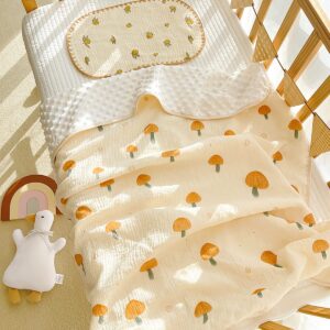 Baby Blanket for Unisex Boys Girls Toddler, Soft Minky with Double Layer Dotted Backing and Muslin Cotton Front, 39X43 in (Mushroom) Nursery Bed Throw Quilt