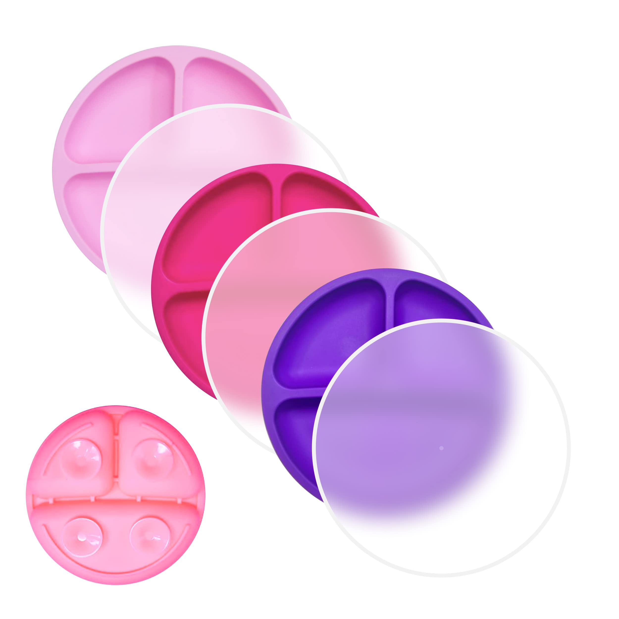 PlusLove Silicone Suction Plate– 100% Silicone Baby Plate, Toddler Plate, Kid Plates, Divided Plate With Suction Feature |Baby Led Weaning Plate| 3 Pack (Hot Pink, Purple, Pink, With Lids)