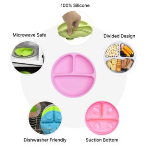 PlusLove Silicone Suction Plate– 100% Silicone Baby Plate, Toddler Plate, Kid Plates, Divided Plate With Suction Feature |Baby Led Weaning Plate| 3 Pack (Hot Pink, Purple, Pink, With Lids)