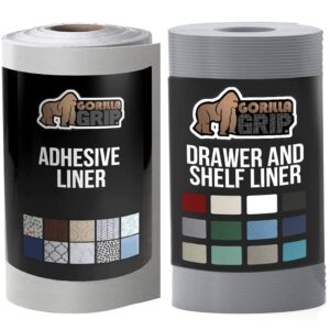 gorilla grip stick adhesive removable liner and ribbed drawer liner, adhesive liner size 11.8x20, contact liner for book covers, ribbed liner size 17.5x20, desk storage, both in gray, 2 item bundle