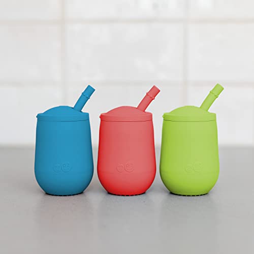 ezpz Mini Cup + Straw Training System 3-Pack (Blue, Coral & Lime) - 100% Silicone Training Cup for Infants + Toddlers - Designed by a Pediatric Feeding Specialist - 12 Months+