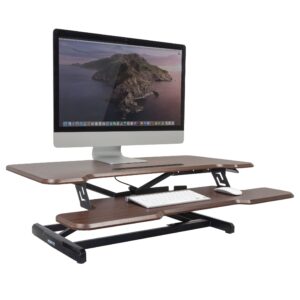 mount-it! height adjustable desk converter, 38” wide tabletop standing desk riser with gas spring desktop standing desk with keyboard tray fits two monitors, dark walnut