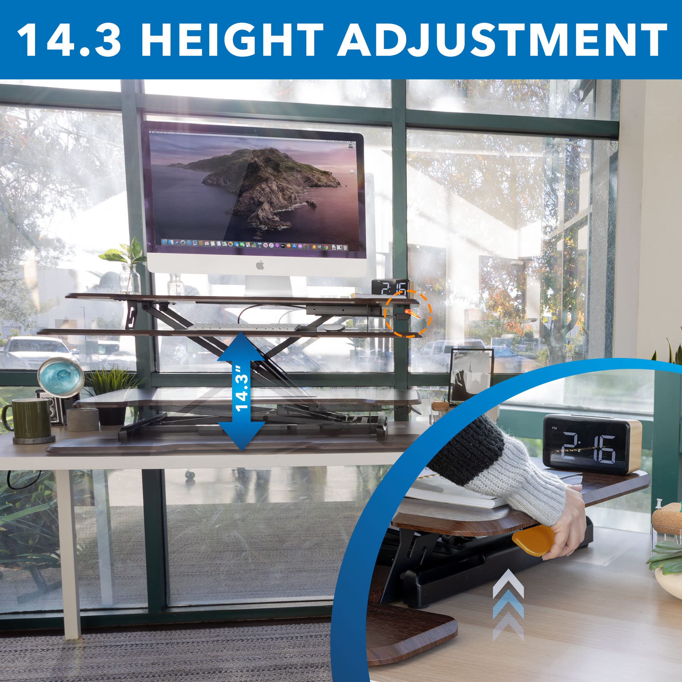 Mount-It! Height Adjustable Desk Converter, 38” Wide Tabletop Standing Desk Riser with Gas Spring Desktop Standing Desk with Keyboard Tray Fits Two Monitors, Dark Walnut