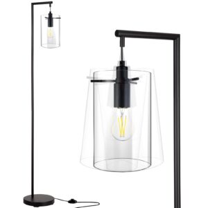 roriano industrial floor lamp, modern standing lamp with hanging clear glass shade, farmhouse rustic tall pole lamp with foot switch for living room bedroom office, led bulb included (black)