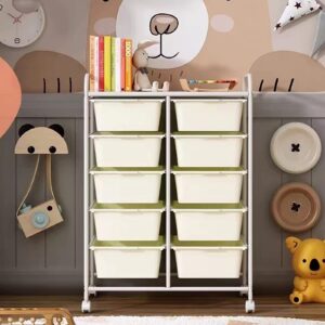 Ytaoka Rolling Cart with 10 Drawers, Plastic Drawer Cart with Metal Frame, Multipurpose Art Craft Cart Organizer with Wheels, Utility Cart with Drawers for Home, Office, School, White