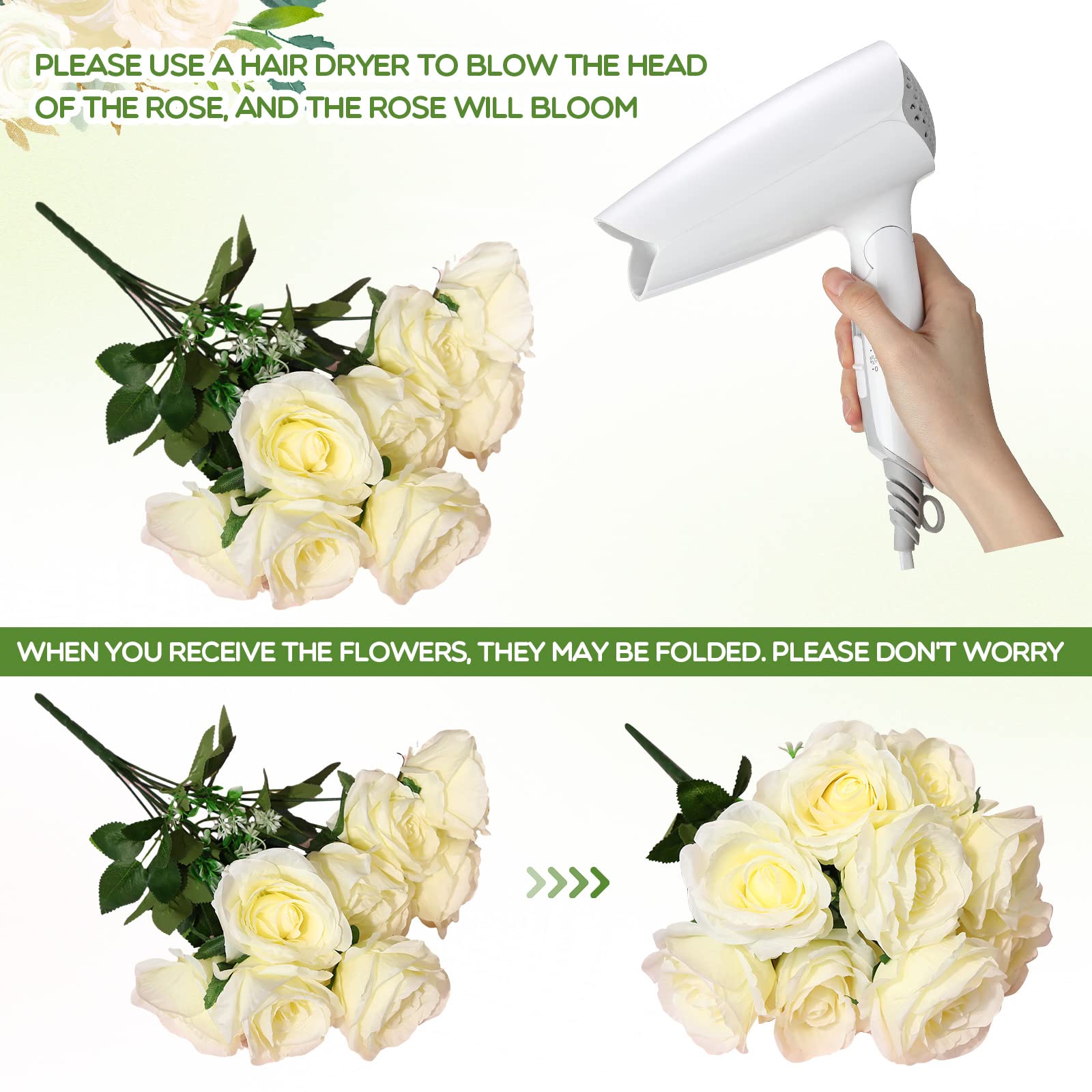 Hanaive 60 Heads Artificial White Rose Silk Roses with Stem Valentine's Day White Flowers Real Looking Faux Flowers for Girlfriend Wedding Bridal DIY Shower Party Home Centerpieces Decorations