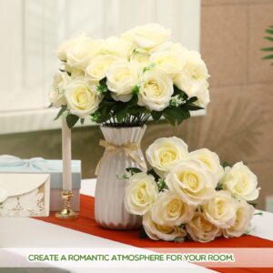 Hanaive 60 Heads Artificial White Rose Silk Roses with Stem Valentine's Day White Flowers Real Looking Faux Flowers for Girlfriend Wedding Bridal DIY Shower Party Home Centerpieces Decorations