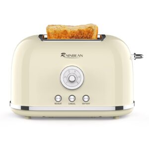 toaster 2 slice retro toaster stainless steel with 6 bread shade settings and bagel cancel defrost reheat function, cute bread toaster with extra wide slot and removable crumb tray (cream)